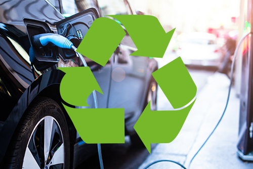 Electric vehicle charging and graphic of recycling symbol