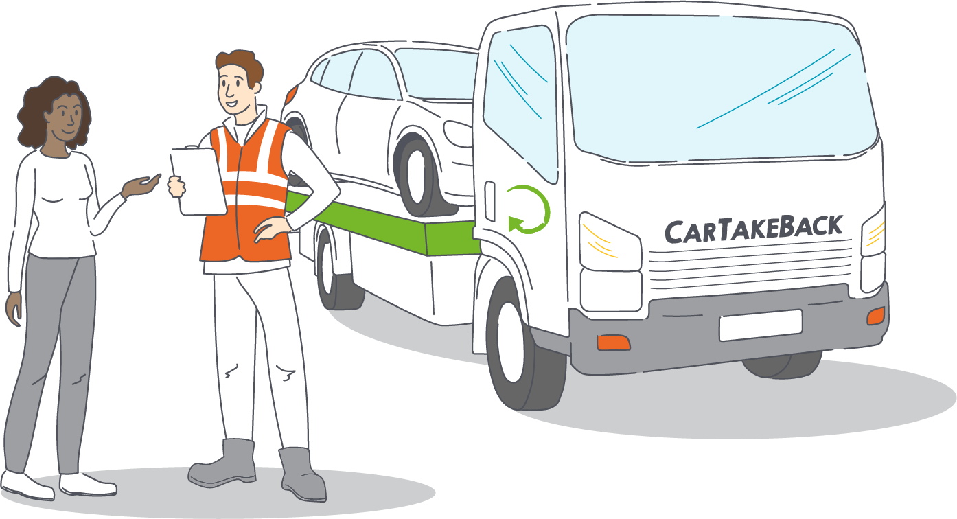 CarTakeBack collection truck with driver and customer